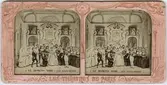 Stereokort ur serien Les théatres de Paris, utgiven av BK, Paris på 1860-talet. Bilden föreställer en scen ur operan Den svarta dominon. Stereokortet är ett så kallat French tissue bestående av ett handkolorerat albuminfoto monterat i kartongram med tunt papper på baksidan. När kortet belyses bakifrån framträder färgerna. Kopian av kortet har framställts med två olika metoder: skanning på flatbäddsskanner och fotografering på ljusbord. 