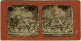 Stereokort (skadat) ur serien Actualités Théatrales utgiven på 1860-talet. Bilden föreställer en scen ur operan Profeten. Stereokortet är ett så kallat French tissue bestående av ett handkolorerat albuminfoto monterat i kartongram med tunt papper på baksidan. När kortet belyses bakifrån framträder färgerna. Kopian av kortet har framställts med två olika metoder: skanning på flatbäddsskanner och fotografering på ljusbord. 