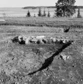 Romfartuna sn Äs RAÄ 119 Arkeologisk undersökning utförd av Vlm / Åke Hyenstrand och Ann Nilsson 1967
A8 Husgrund, markerad av lerklining, härdar och stolphål.
Under undersökning.
Samhör med:  Inv.nr 18164