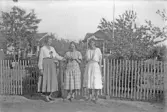 Tre damer vid staket till koloniområde i Örebro, 1920-tal