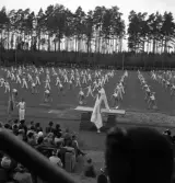 Gymnastikuppvisningen, 25/5 1941. 
Manliga gymnaster i olika åldrar har uppvisning på Värendsvallen. 
Fotot taget från läktaren.