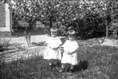 Två små blyga barn i trädgården 1920-tal