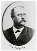 Kronofogde August Sjögren, Kinnevalds och Norrvidinge härads fögderi, 1896.
Bosatt i Växjö.
Bröstbild, halvprofil. Ateljéfoto.