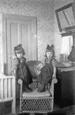 Tvillingflickor iförda hängselklänning och rosetter i korgstol, 1920-tal