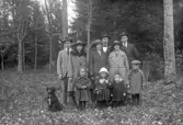 Vuxna och barn med hund fotograferade i skogsbacke, 1920-tal