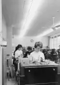Bokföringsavdelningen Giro E, på 4 trappor. En del av
maskinuppsättningen vid hålkortsbokföringen. Tabulatorer med
summastans (t.h.) och interpolatorer, fabrikat: Powers.