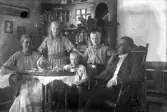 Familj samlade runt bord med kaffebricka, 1920-tal