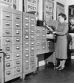 Fru Ann-Britt Stennert söker i kortlådorna.