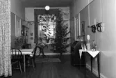 Foto av ett korridorliknande rum med matbord, stolar, en byrå m.m. Framme vid fönstret står en julgran och en adventsljusstake skymtar.
Badhuset, Växjö ?.