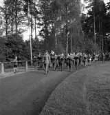 Svenska Flaggans dag 1943. 
Regementsmusikkåren från I 11 tågar in på Värendsvallen.