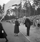 Svenska Flaggans dag 1943. 
Överlämnande av ny fana till en flickscoutledare, på Värendsvallen. 
En äldre dam pratar med en äldre herre. En del av publiken syns i
bakgrunden.