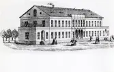 Stadshuset/rådhuset i Växjö i originaluppförande på 1860-talet. 
Vaktlokalen för polisen var då inrymd i en källarlokal.
Foto efter litografi.