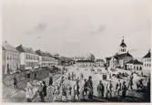 Storgatan samt östra delen av stortorget, Växjö., 1837.
Den tidens kända Växjöbor har samlats på torget.
Foto efter akvarellmålning, numera på Smålands museum + förklarande text.