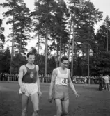 Internationellt på Värendsvallen, 1943. 
Två utländska idrottsmän vandrar fram på planen på Värendsvallen. Den till vänster verkar vara från Ungern.