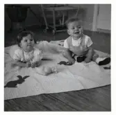 Fotografi på Susanna och Alf-Sixten som ligger på golvet på en filt i Lilla Källbäck.