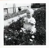 Fotografi på Mikael, 10 månader som sitter i gräset bland blommor vid Lilla Källbäck.