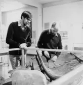 Bild tagen i samband med dendrokronologisk provtagning av Björkebåten. Utsågning av provbit. Lars Lövstrand, Uppsala och Peder Mellander, Länsmuseet Gävleborg.