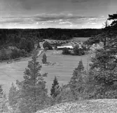 Vy över gården Vidby. På fotot syns hässjor med hö. 