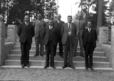 Foto av åtta okända herrar i kostym och slips, som står på en stentrappa till en park.
Föreningsstyrelse (?).
