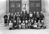 Foto av en skolklass med lärarinna, som samlats utanför skolans port.