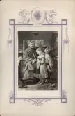 Ett kort som föreställer en gumma i en fåtölj tillsammans med två barn. Påskrift på framsidan: 50 öre. Handskriven text på baksidan: Försäljningen för barnhemmen Den 18 Maj 1880.