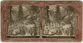 Stereokort ur serien Les théatres de Paris, utgiven av BK, Paris på 1860-talet. Bilden föreställer en scen ur pjäsen Les étrangleurs de l'Inde. Stereokortet är ett så kallat French tissue bestående av ett handkolorerat albuminfoto monterat i kartongram med tunt papper på baksidan. När kortet belyses bakifrån framträder färgerna. Kopian av kortet har framställts med två olika metoder: skanning på flatbäddsskanner och fotografering på ljusbord. 