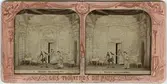 Stereokort ur serien Les théatres de Paris, utgiven av BK, Paris på 1860-talet. Bilden föreställer en scen ur operan Mignon. Stereokortet är ett så kallat French tissue bestående av ett handkolorerat albuminfoto monterat i kartongram med tunt papper på baksidan. När kortet belyses bakifrån framträder färgerna. Kopian av kortet har framställts med två olika metoder: skanning på flatbäddsskanner och fotografering på ljusbord. 