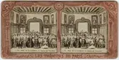Stereokort ur serien Les théatres de Paris, utgiven av BK, Paris på 1860-talet. Bilden föreställer en scen ur operan Duellen. Stereokortet är ett så kallat French tissue bestående av ett handkolorerat albuminfoto monterat i kartongram med tunt papper på baksidan. När kortet belyses bakifrån framträder färgerna. Kopian av kortet har framställts med två olika metoder: skanning på flatbäddsskanner och fotografering på ljusbord. 