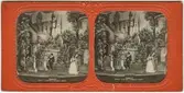 Stereokort ur serien Actualités Théatrales utgiven på 1860-talet. Bilden föreställer en scen ur operan Hamlet. Stereokortet är ett så kallat French tissue bestående av ett handkolorerat albuminfoto monterat i kartongram med tunt papper på baksidan. När kortet belyses bakifrån framträder färgerna. Kopian av kortet har framställts med två olika metoder: skanning på flatbäddsskanner och fotografering på ljusbord. 