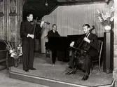 Lunchrummets musiker, på varuhuset Nordiska Kompaniet i Stockholm. En trio med manliga, kostymklädda musiker som spelar instrument; fiol, piano och basfiol, på en uppbyggd scen. På en piedestal och på scenkanten står vaser med ett blommor, Gladioler.