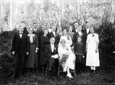 Gruppfotografi från ett bröllop med brud och brudgum sittande längst fram. Bröllop i Skålmo, Lima, mellan Elis Andersson från Rämshyttan och Johanna Ezelius från Skålmo.