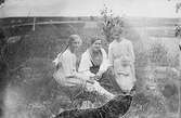 Tre unga kvinnor med en liten flicka sitter i gräset. Lima, Dalarna