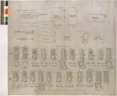 Ritning på väv över Nordiska museets huvudbyggnad. Ritning till dörrar i mittenpartiet. För dörrarna A' B'O' o V' se detalj No 247 a. (för övrigt vidstående detaljer) För hissdörrarna se detaljer nris 247 b c d e f för övriga dörrar se vidstående detaljer. Dörrar och karmar av ek. Fasetterat glas i mässingsinfattning. Tornet. Spiraltrappa. Toilett. Hiss. Bibliotek. Konstruktion. Dörr, tornet, spiraltrappa, toalett, hiss och bibliotek. 80x92 cm. Tusch, rött, grönt, brunt, grått och gult. Linjalritning. Osignerad.
