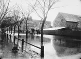 Översvämning på Hamngatan vid kvarteret Herkules. Till vänster Tryckrehusen, till höger Garvaregården.