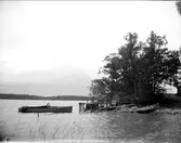 Strand med brygga och båtar i Vallby socken, Uppland, juni 1921