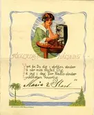 Notering på kortet: Födelsdagshälsning. Vart än du dig i värden vänder Så når mitt tonfall dig. Då jag i dag per radio sänder. Lyckönskan innerligt. Maria o Karl.