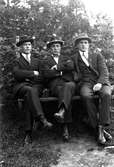 Tre män i kostym och hatt sistter på en bänk, bakom dem syns buskar och ett stängsel av hönsnät.