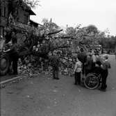 Trädfällning. En man med traktor forslar bort en stor gren och några barn är åskådare, bland annat Bo Roman i rullstol. Pojken med keps är Rolf Hjertqvist.