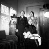 Porträtt av fyra generationer 23 maj 1943. Sittande Loisa Desideria Pettersson med barnbarnsbarnet Ingvar Fleischer som prästdöpts. Stående från vänster Agnes Desideria och Märta Desideria.