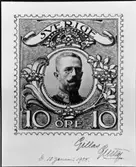 Frimärksförlaga till frimärket Gustaf V i medaljong 1910. Förslagsteckning nr 2.
Valör 10 öre.