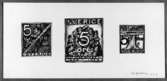 Ej realiserade förslag till frimärken Postsparbankens 50-årsjubileum, utgivet 6/12 1934. Kartong med tre förslag. Konstnär: Olle Hjortzberg. Valör 5 öre.