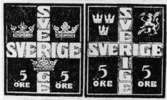 Tävlingsförslag till nya frimärken (svenska). Tävling arrangerad av Svenska Dagbladet 1934. Två sammanhängande förslag med varianter av Tre Kronor. Valör 5 öre.