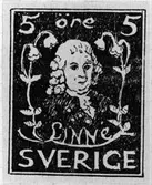 Tävlingsförslag till nya frimärken (svenska). Tävling arrangerad av Svenska Dagbladet 1934. Carl von Linné. Valör 5 öre.