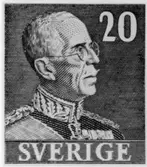 Frimärksförlaga till frimärket Gustaf V, utgivet 1939. Foton 1940-talet. Ny porträtt-typ med Gustaf V:s bild.  Originalteckningen av Torsten Schonberg. Valör 20 öre.