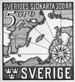 Frimärksförlaga till frimärket Sveriges Sjökarta 300 år, utgivet 15/4 1944. Godkänd originalteckning utförd av Harald Sallberg. Foto 17/10 1959. Valör 5 öre.
