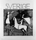 Nya frimärkstyper 1951. Konstnär: Lars Wellton. Ej realiserade förslag i tusch. Förslag. Motto: Omnibus alternativ II.
Valör 45 öre.