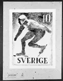 Frimärksförlaga till frimärket Riksidrottsförbundet 50 år, utgivet 27/5 1953. Svenska gymnastik- och idrottsföreningars riksförbund bildades 1903. Konstnär: Erik Prytz. Förslagsteckning med motiv skridskoåkare. Motto 
