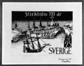 Ej realiserade förslag till frimärke Stockholm 700 år, utgivet 17/6 1953. Konstnär: R Engströmer. Bild av Gamla stan och skepp. Valör 25 öre.