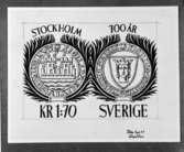 Ej realiserade förslag till frimärke Stockholm 700 år, utgivet 17/6 1953. Konstnär: R Engströmer. Två sigill.
Valör 1:70 kr.