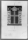 Frimärksförlaga till frimärket Svenska Flaggans dag, utgivet 6/6 1955. Två stycken olika frimärken utgivna till 50-årsminnet av den nya ljusare flaggan som ej har unionsmärke. Förslagsteckning, hela bladet. Motto: 